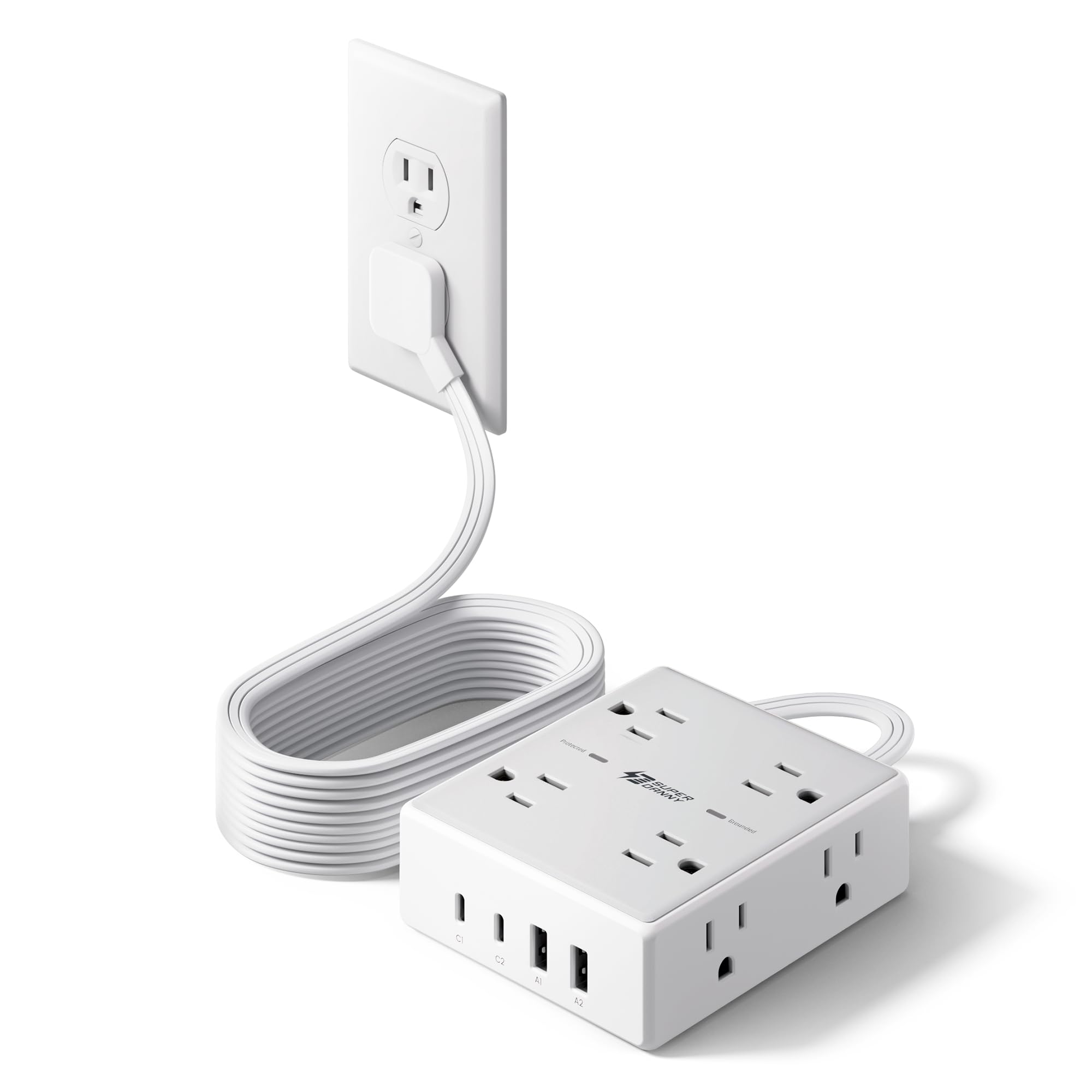 SUPERDANNY Extension Cord with Flat Plug Surge Protector Power Strip 10ft 8 Outlets